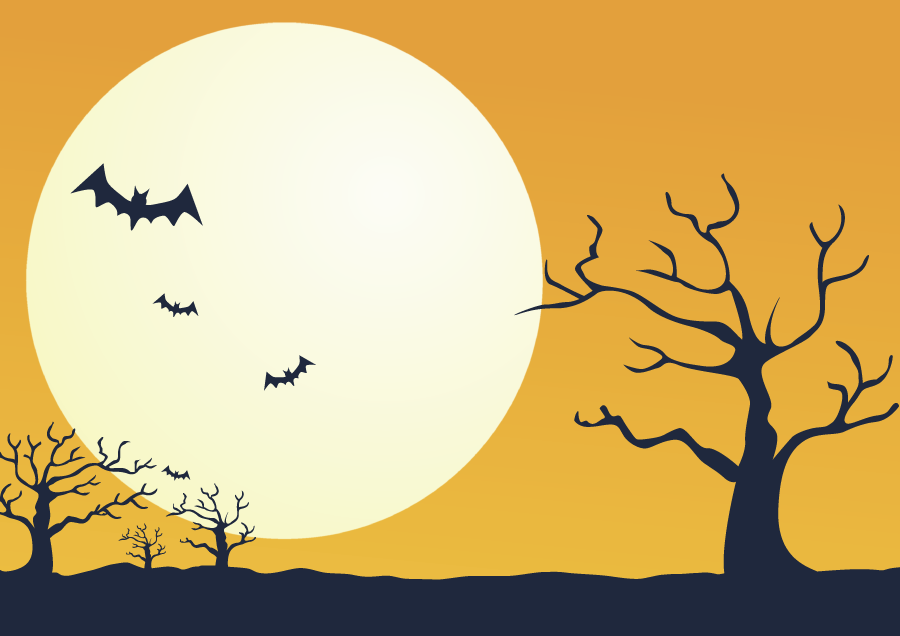 フリーイラスト 満月とコウモリと枯れ木のハロウィンの背景