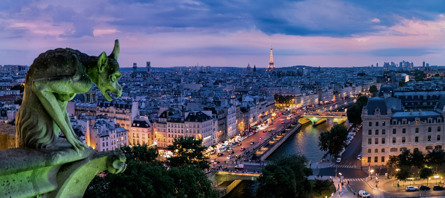 フリー写真 キメラ像と日暮れのパリの街並み